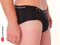 Black super padded front pouch brief with snug stretchy fabric waistband featuring brand logo and text
