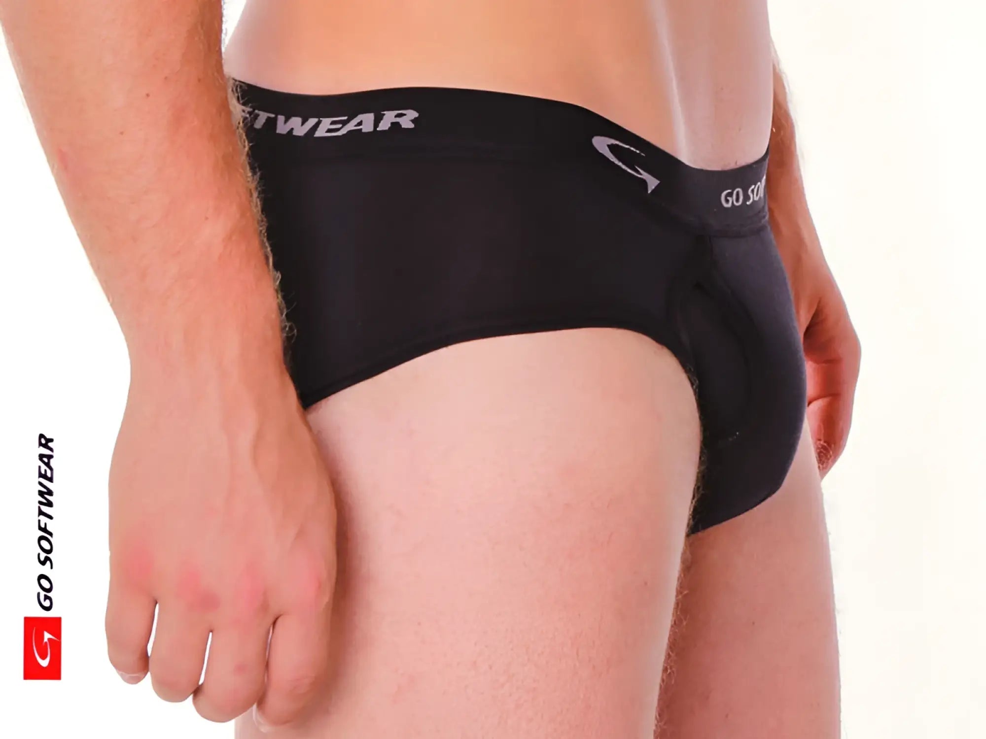 Black super padded front pouch brief with snug stretchy fabric waistband featuring brand logo and text