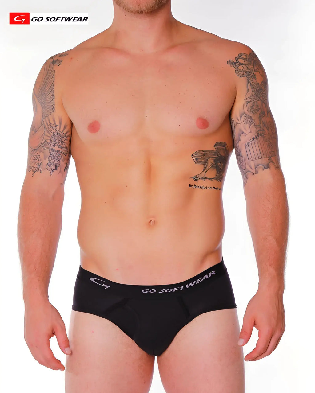 Black go softwear super padded front pouch briefs with white logo and trim designed for comfort and support