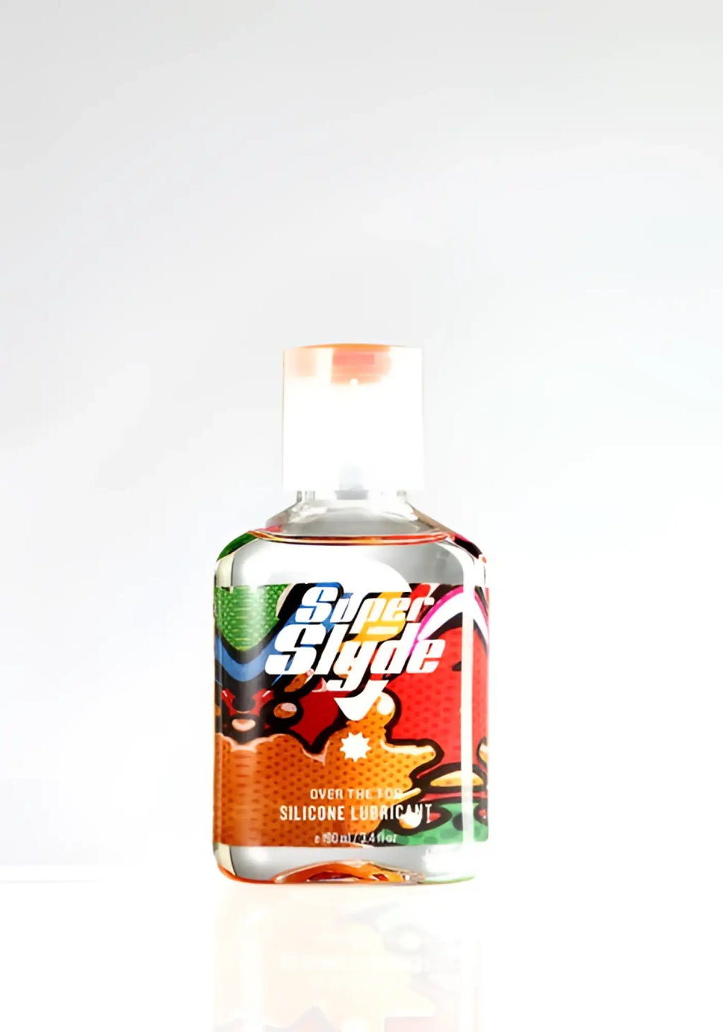 A clear plastic bottle of superslyde silicone lubricant with a colorful red orange green and black cartoon label