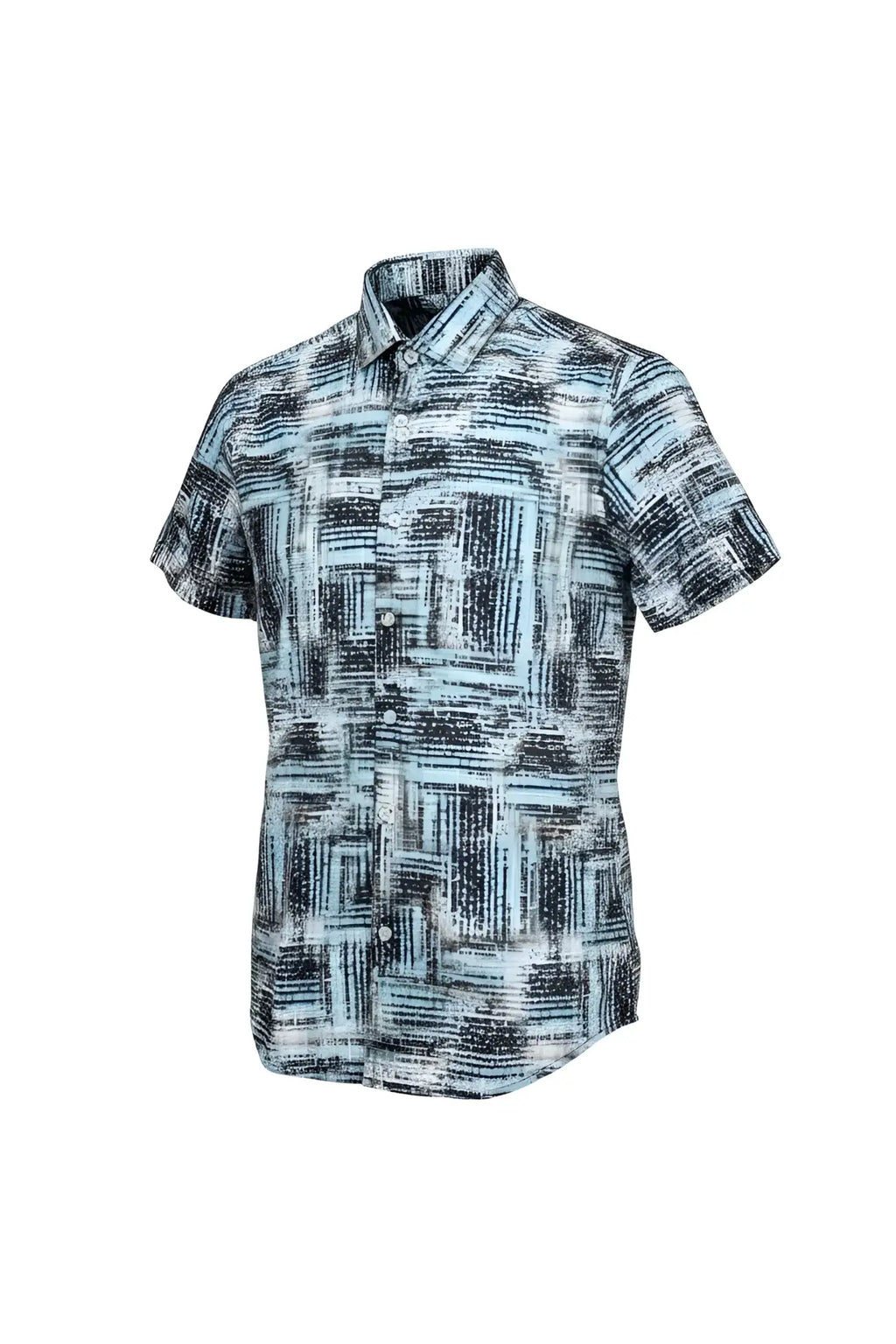 Suslo crinkled fabric s s shirt men’s short-sleeved button-up with abstract black white and light blue pattern