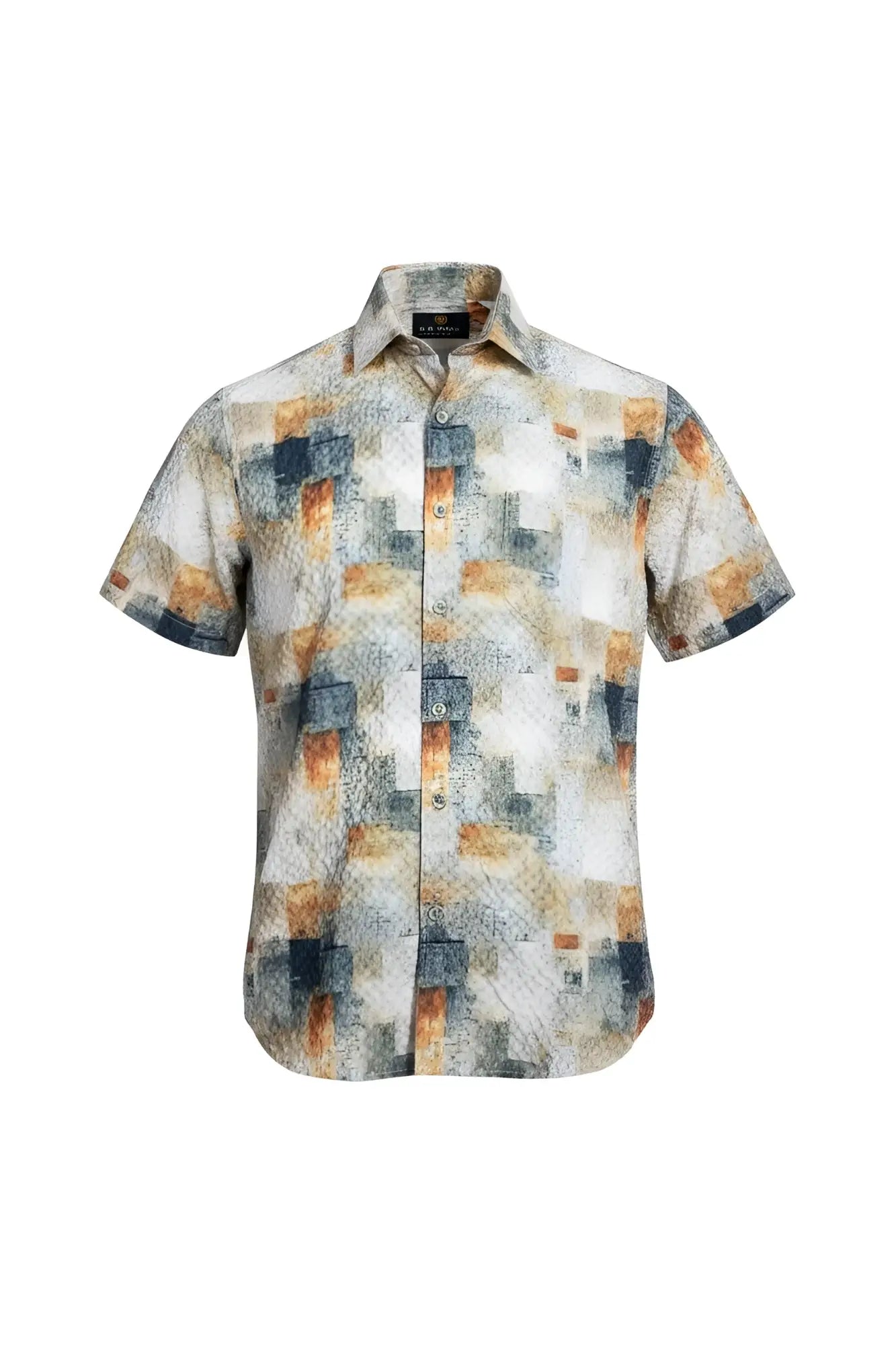 Suslo crinkled fabric short-sleeved button-up shirt with modern abstract pattern in beige blue and orange colors