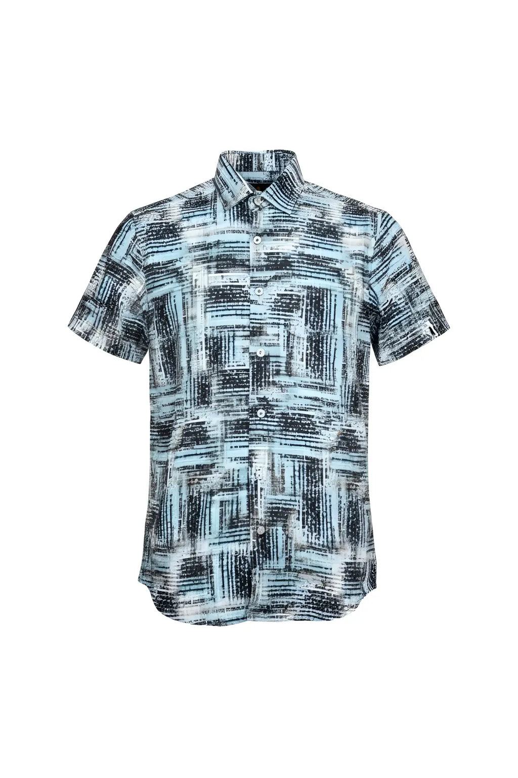 Suslo crinkled fabric s s shirt with a teal and black abstract geometric pattern made from lightweight fabric