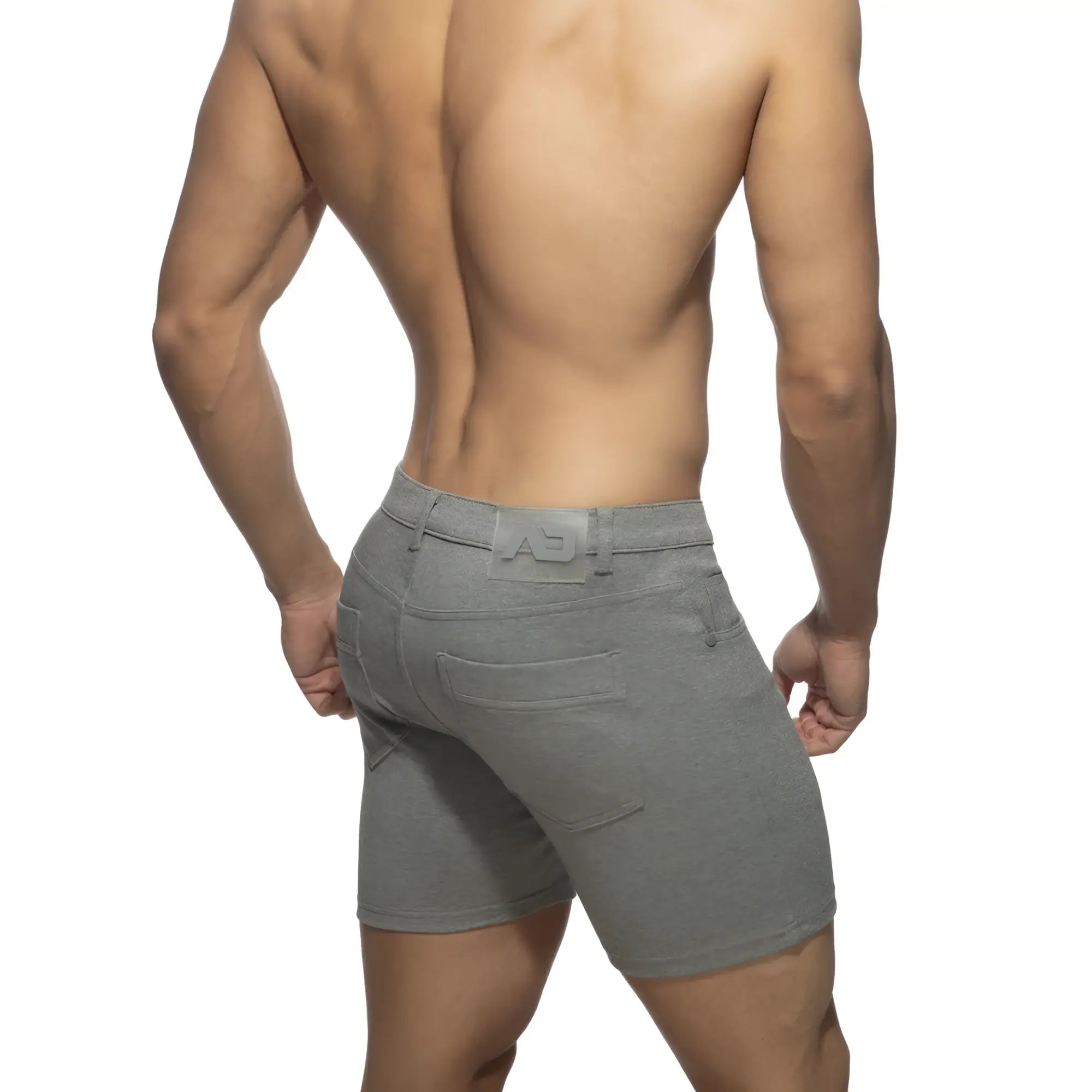 Gray heathered denim svelte shorts with subtle embossed logo on the waistband front view