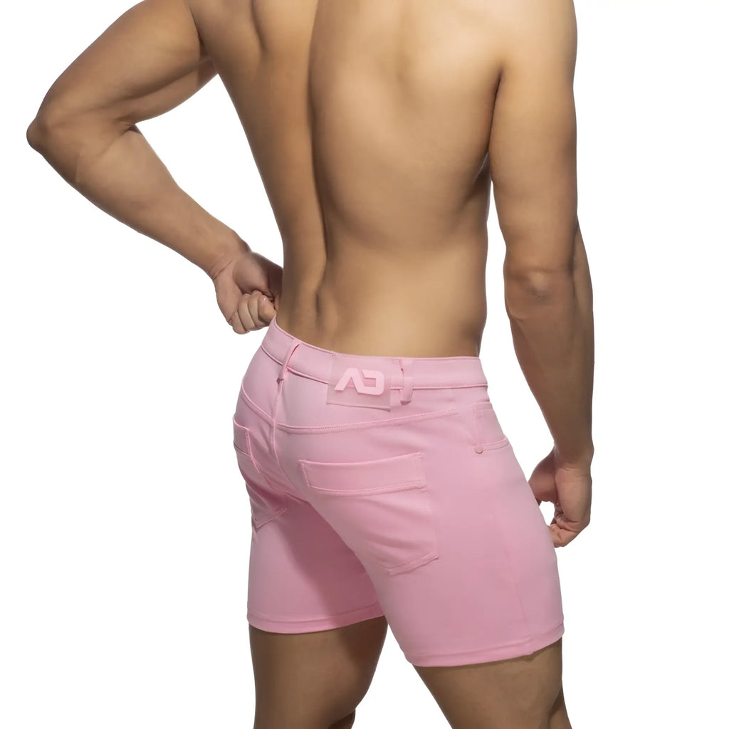 Pink denim svelte shorts with a subtle logo on the waistband for casual summer wear