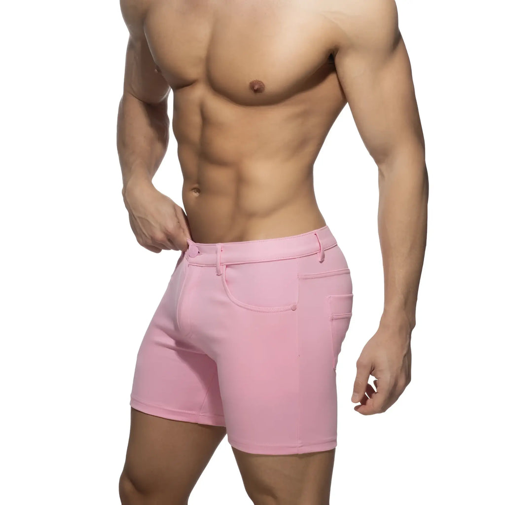 Pink men’s svelte shorts with tailored fit and classic denim-style design in cotton fabric