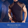 Black mesh and solid fabric men’s performance top with diagonal striped panels from svenjoyment size l