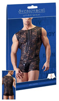 Black lace men’s corset-style underwear set with glossy latex finish and built-in swell function by svenjoyment size s