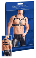 Black leather multi ring adjustable chest harness and matching pants set by svenjoyment size l xl shown from back