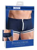 Navy blue svenjoyment sailor zipper boxer brief underwear with white zipper and striped trim in size m packaging