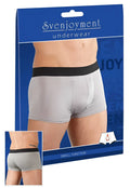 Gray svenjoyment swell microfiber boxer briefs with black elastic waistband size m shown from the front