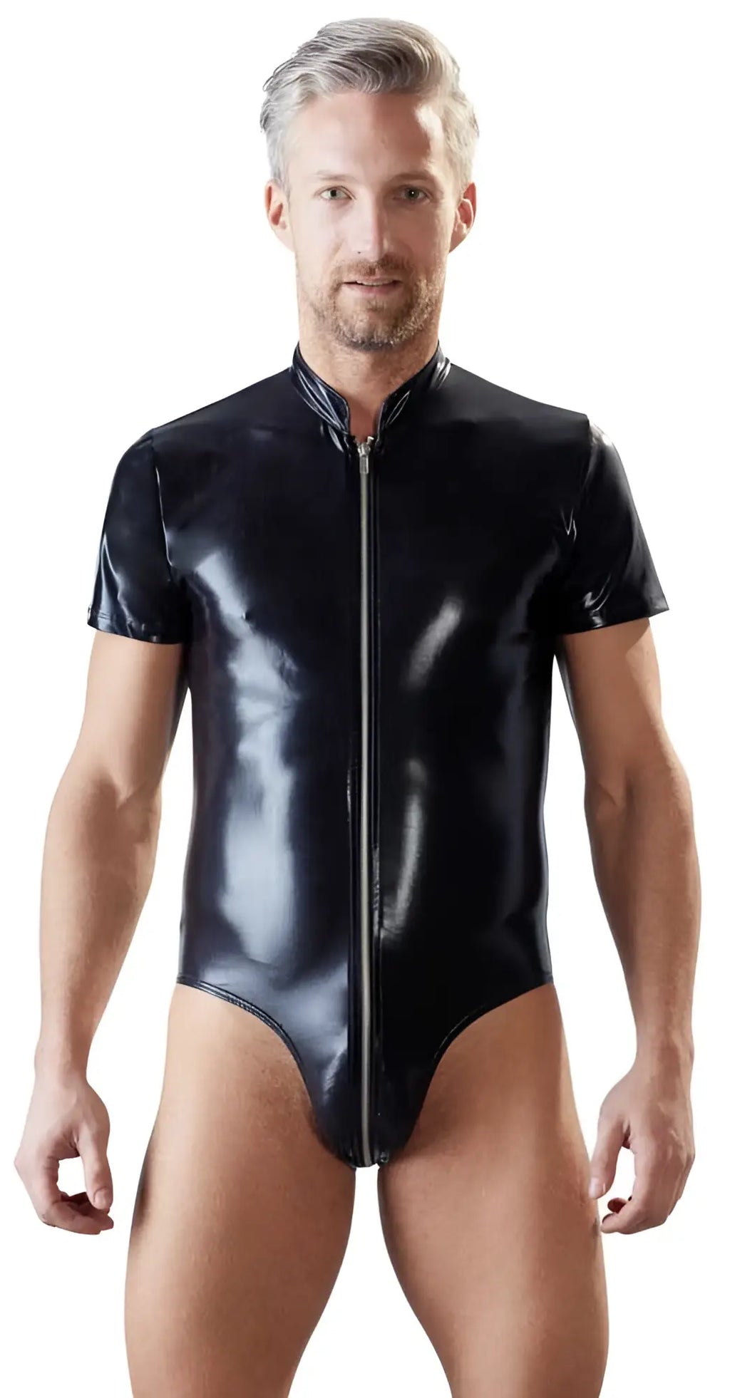 Black glossy latex bodysuit with short sleeves and full-length front zipper by svenjoyment in size xl