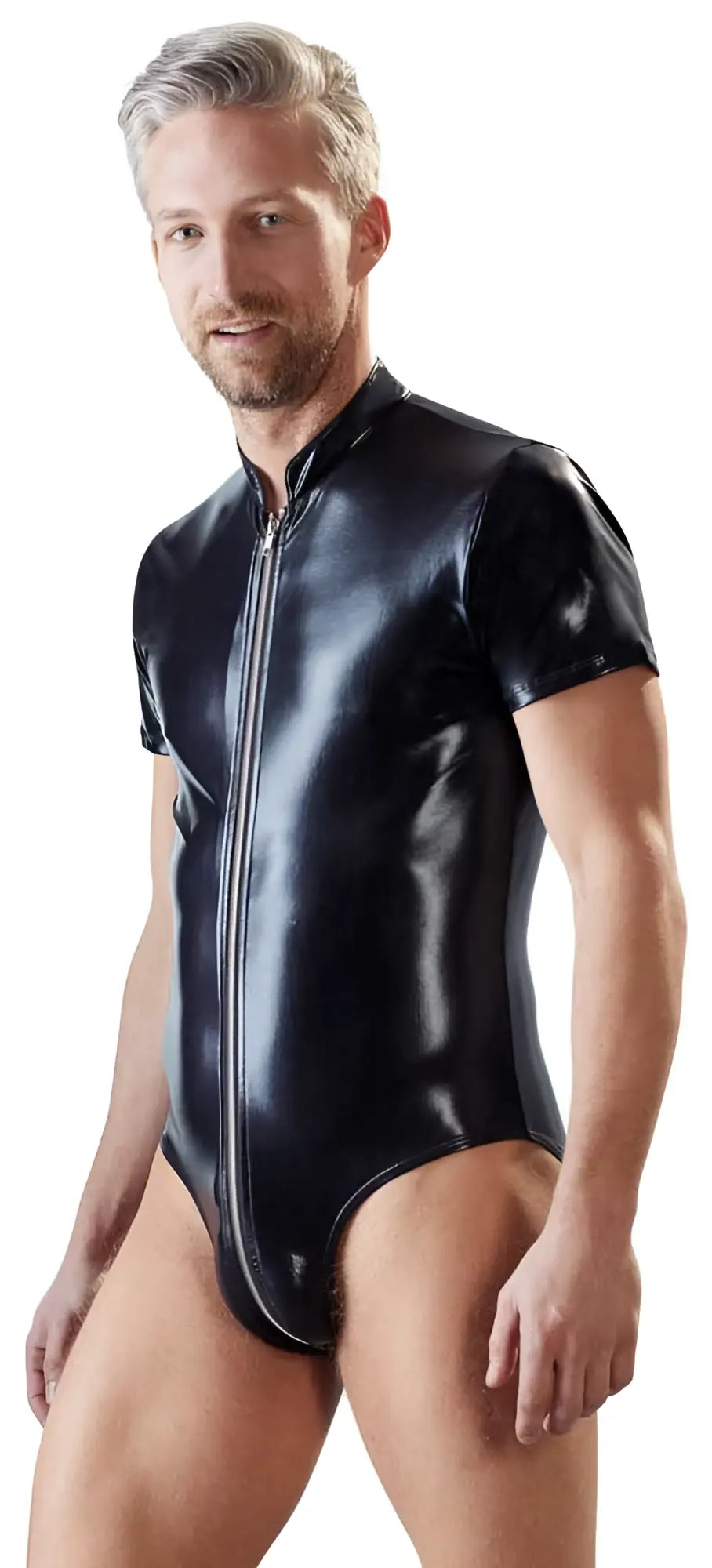 Black patent leather short-sleeved bodysuit with front zipper by Svenjoyment size XL wetlook style