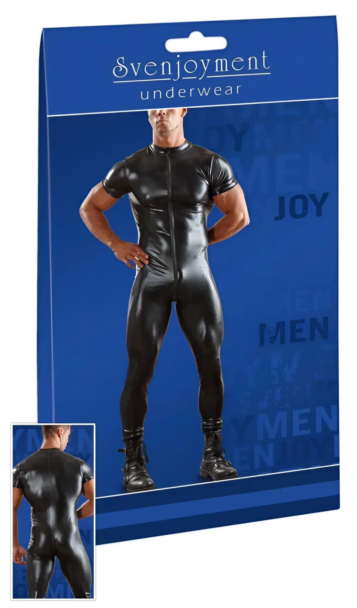 Svenjoyment zipper jumpsuit black size XL glossy black latex men’s bodysuit with short sleeves and front zipper