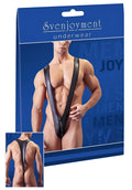 Front view of svenjoyment zipper matte wrestler bodysuit black mens underwear with deep v-back design size s/m