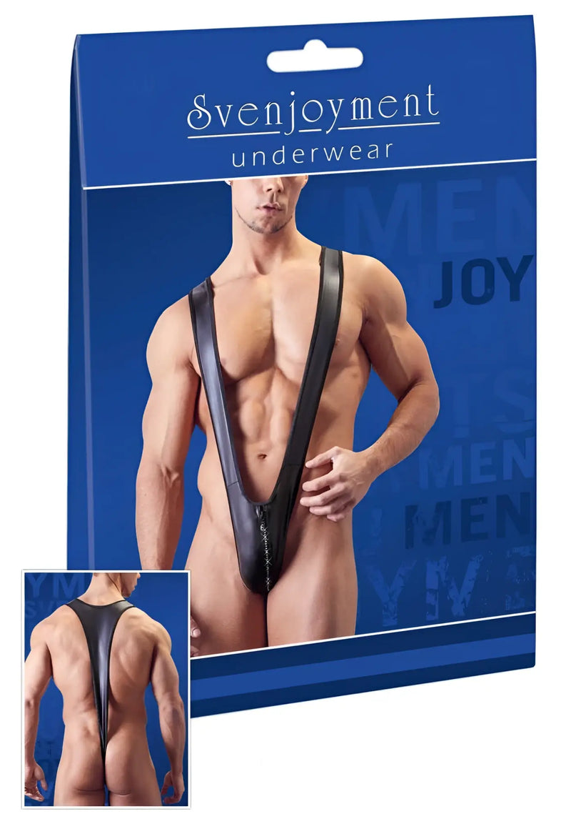Front view of svenjoyment zipper matte wrestler bodysuit black mens underwear with deep v-back design size s/m