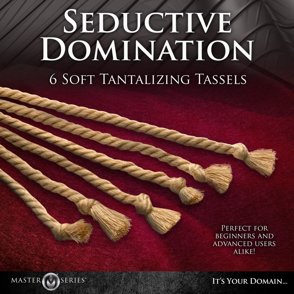 Swashbuckler rope flogger featuring six beige braided rope tassels with soft frayed ends for impact play