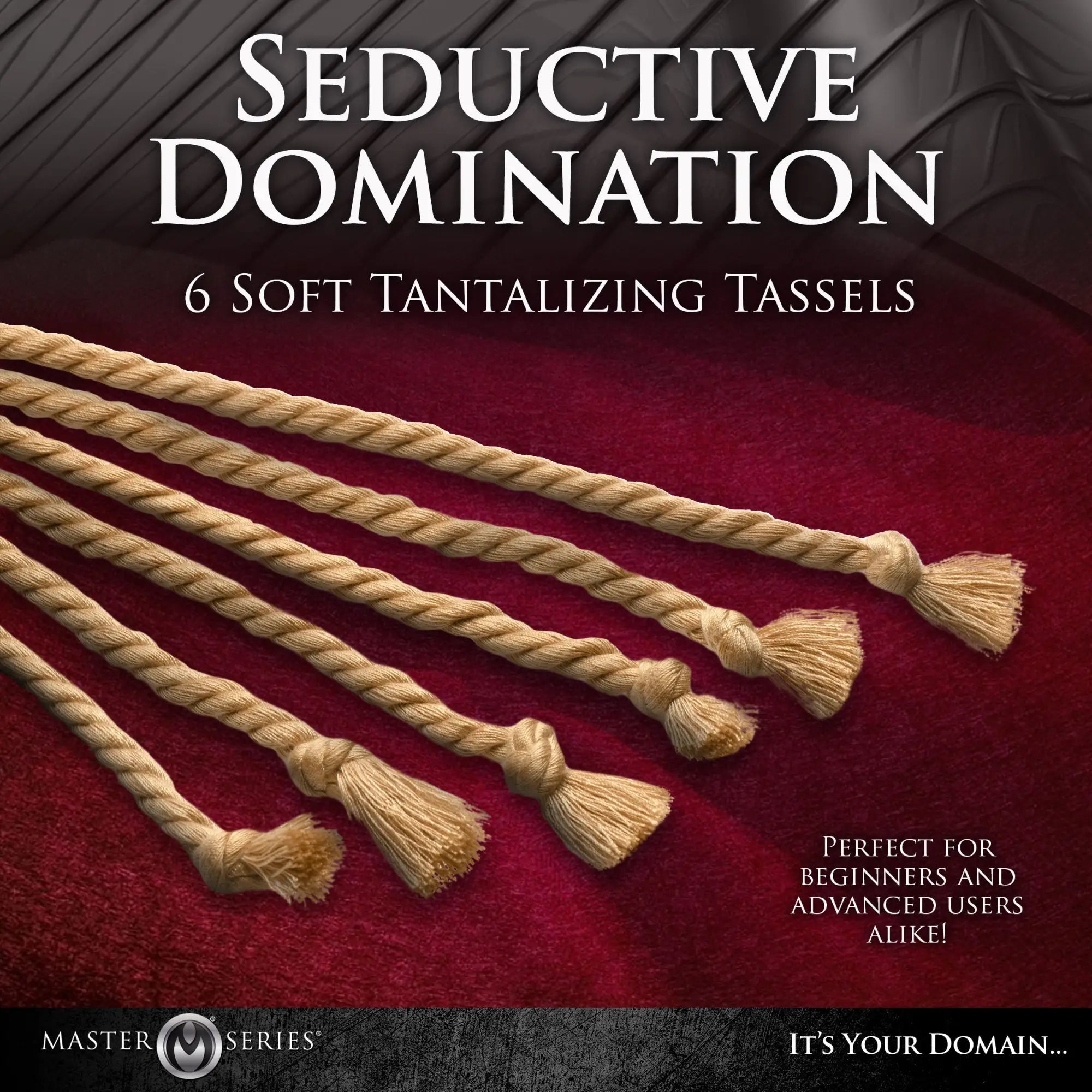 Swashbuckler rope flogger featuring six beige braided rope tassels with soft frayed ends for impact play