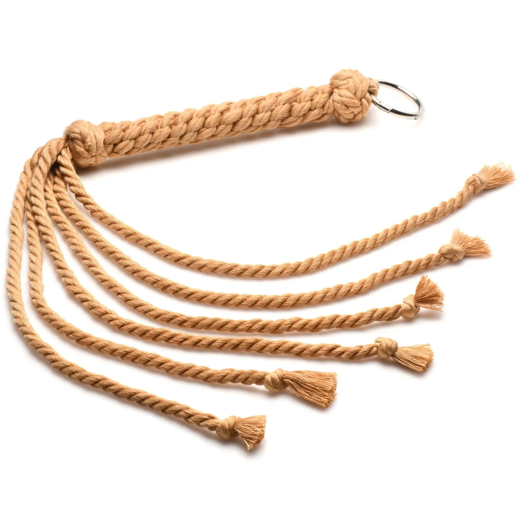 Tan braided rope flogger swashbuckler with metal ring and tassels for impact play and sensory stimulation