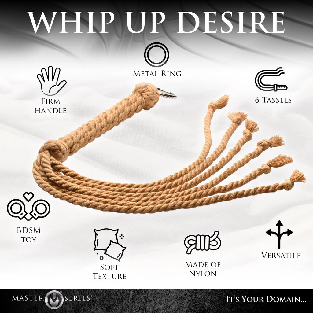 Tan nylon rope flogger with metal ring and six tassels for swashbuckler style play and impact