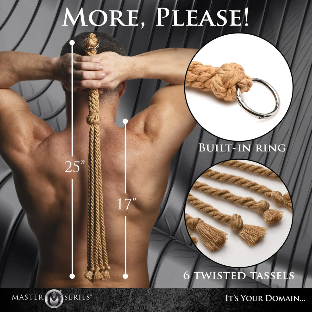 Tan twisted rope bondage leash with metal ring and six tassels for swashbuckler rope flogger