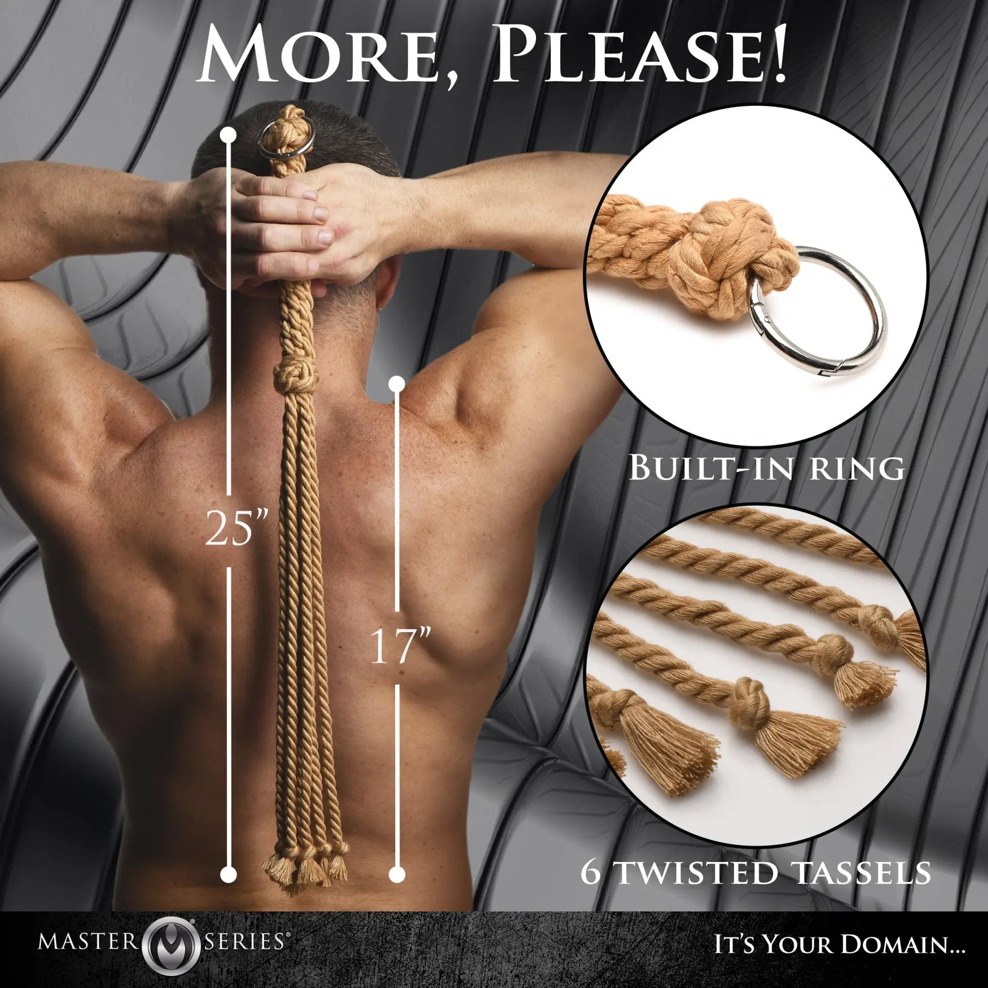 Tan twisted rope bondage leash with metal ring and six tassels for swashbuckler rope flogger