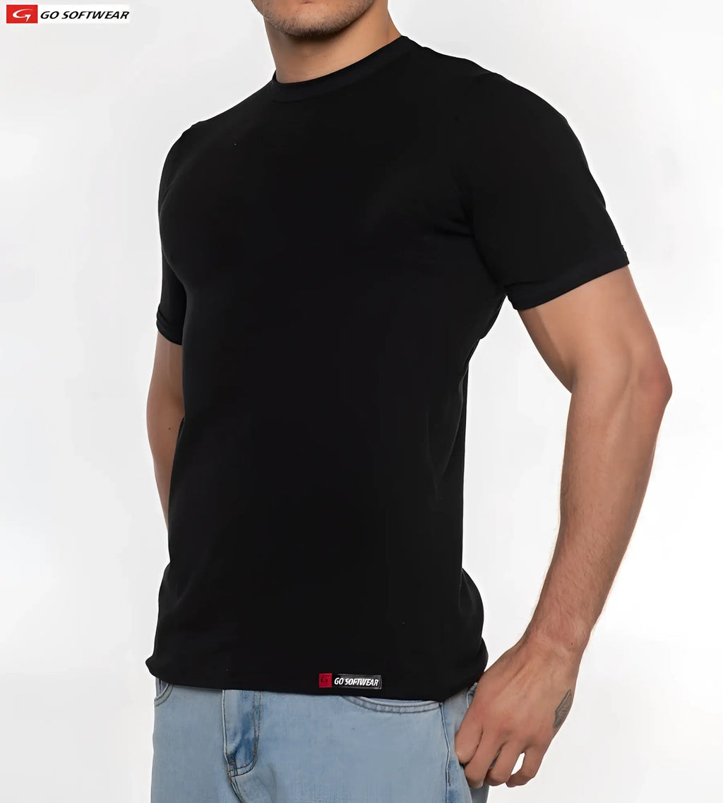 Black short-sleeved crew neck t-shirt from go softwear no sweat tee made of breathable soft fabric