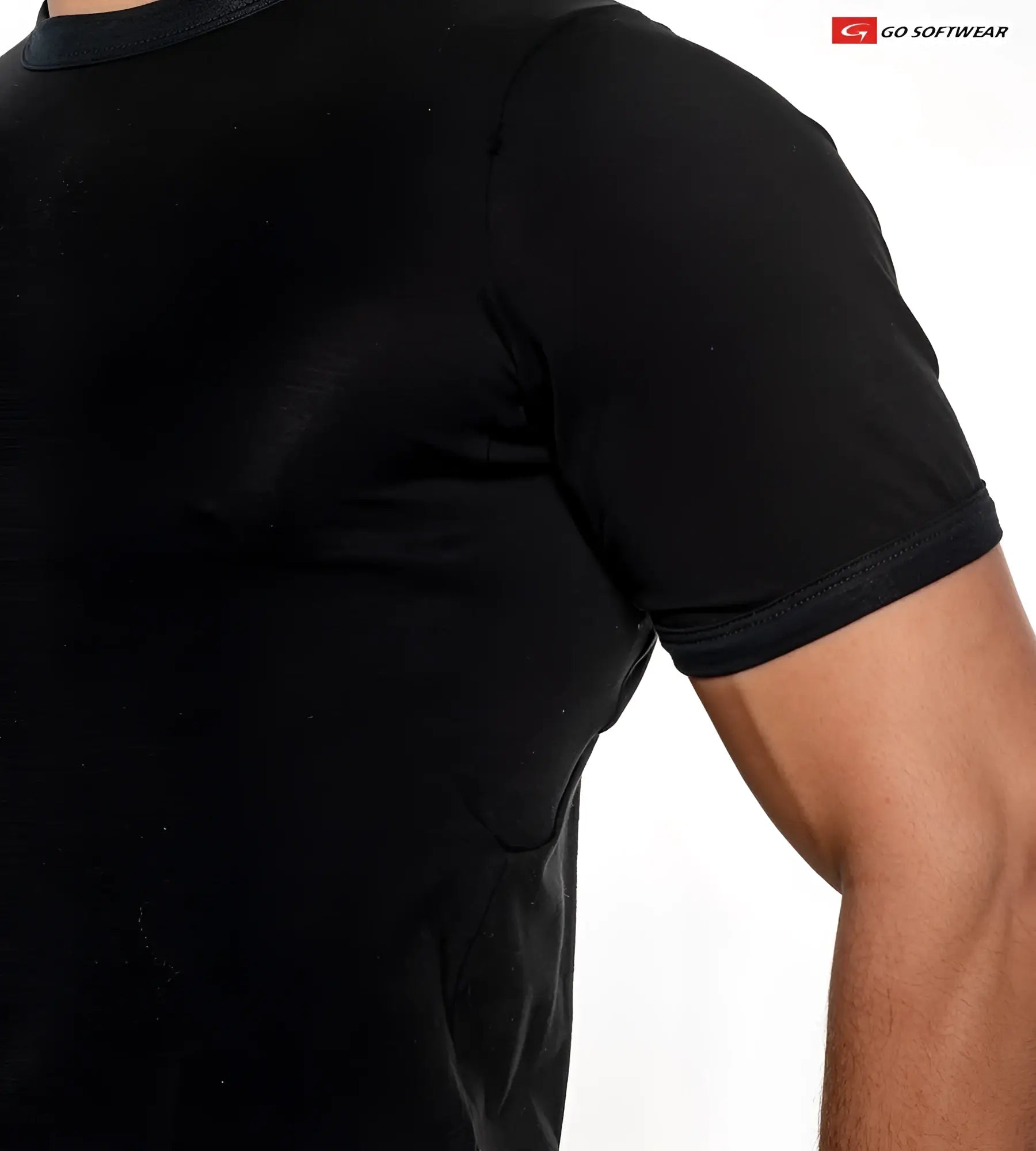 Black short-sleeved no sweat tee with ribbed crew neck and sleeve cuffs featuring go softwear logo in the corner