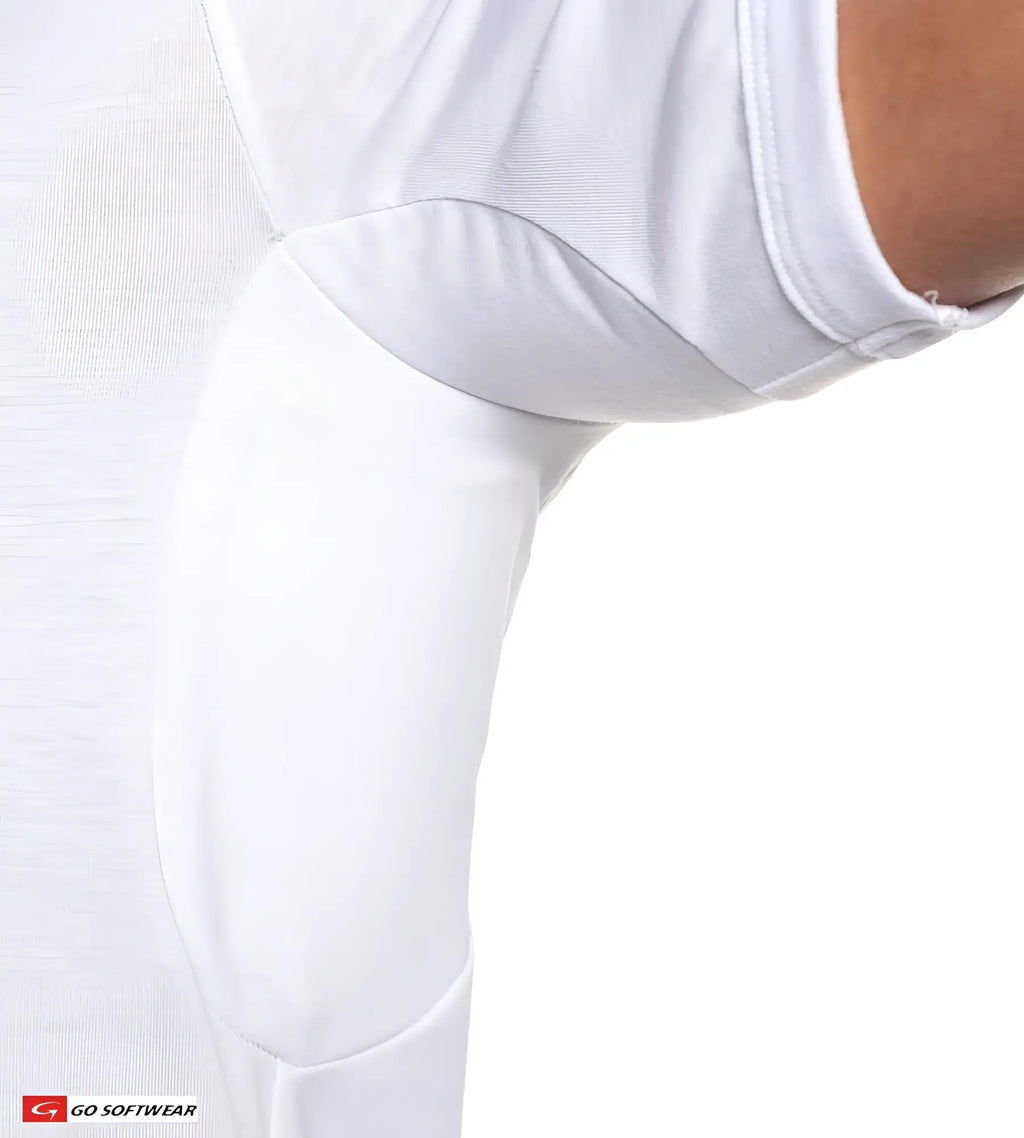 White athletic compression sleeve with smooth form-fitting design and subtle seam detailing from no sweat tee collection