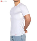 White short-sleeved athletic t-shirt with crew neck made from breathable fabric designed for no sweat performance