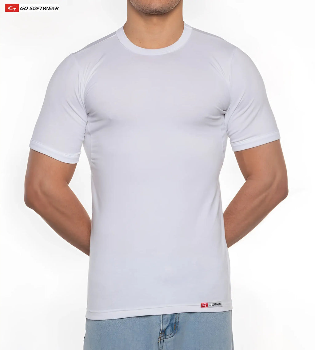 White short-sleeved no sweat tee made from breathable performance fabric with a crew neck for athletic use
