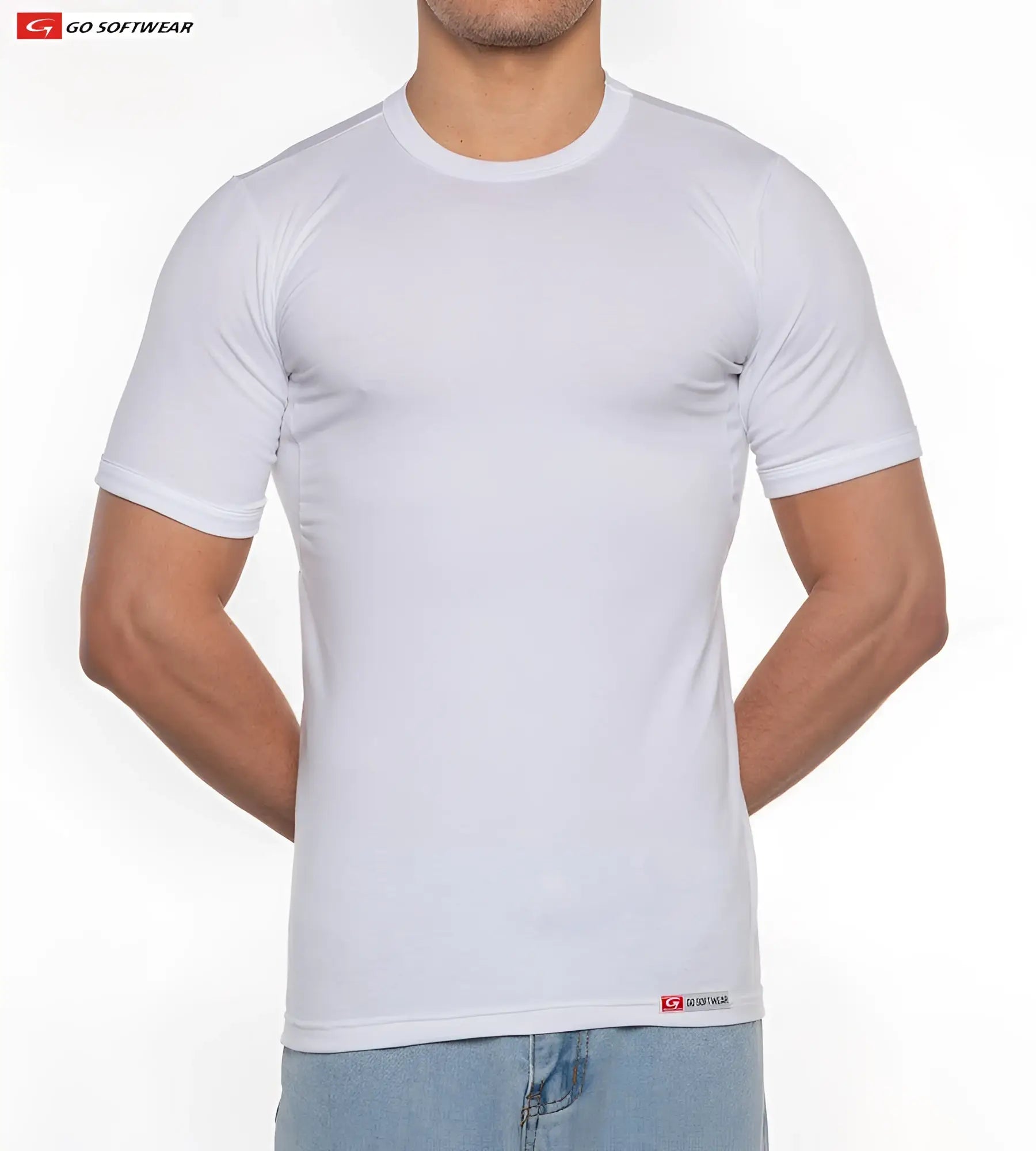 White short-sleeved no sweat tee made from breathable performance fabric with a crew neck for athletic use