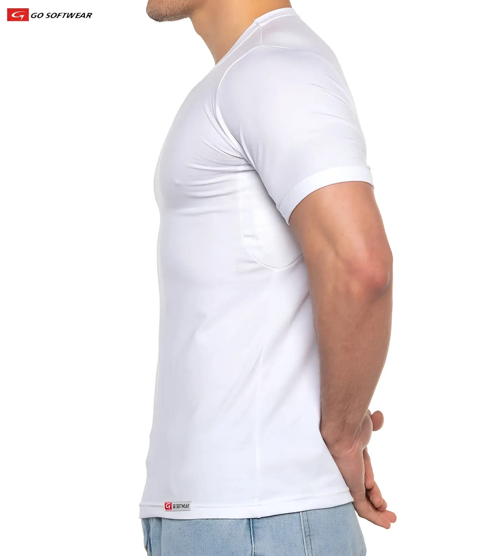 White short-sleeved fitted athletic tee with subtle seam detailing designed for performance by No Sweat Tee
