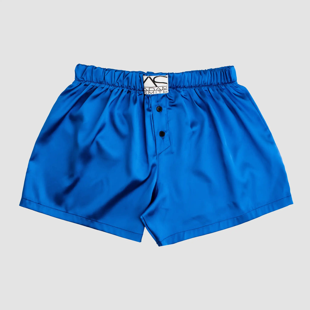 Bright blue satin sweetheart boxer shorts with black button closure and adam smith brand label at waistband