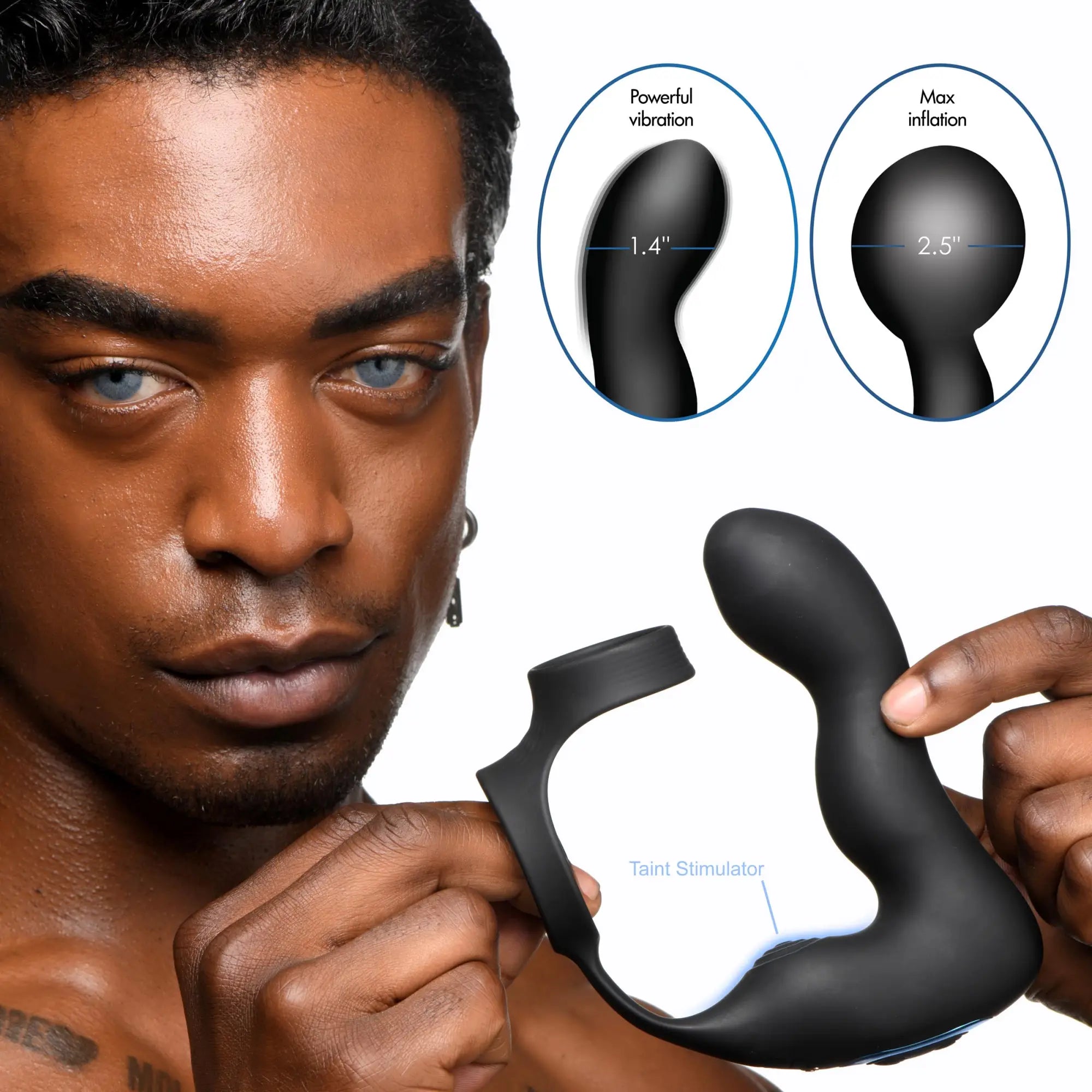 A person holds a matte black Swell 10X inflatable prostate plug with an integrated cock ring and taint stimulator.