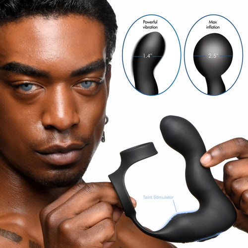 A person holds a matte black Swell 10X inflatable prostate plug with an integrated cock ring and taint stimulator.
