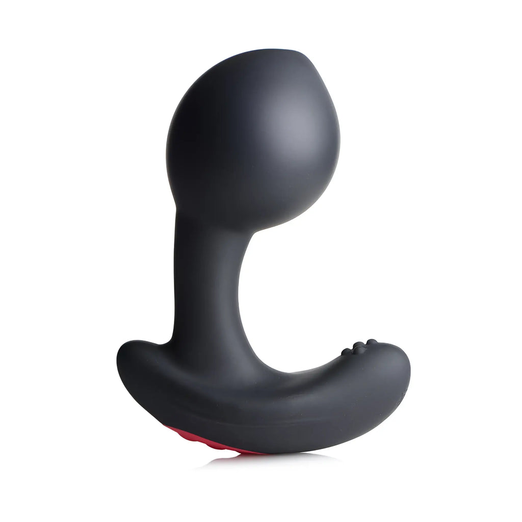 Swell 10X black silicone inflatable and vibrating prostate plug with a curved base and bulbous head on a white background.