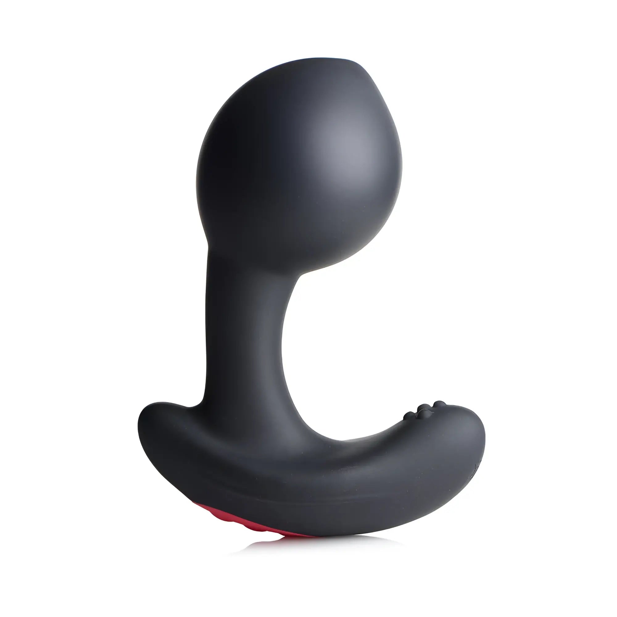 Swell 10X black silicone inflatable and vibrating prostate plug with a curved base and bulbous head on a white background.