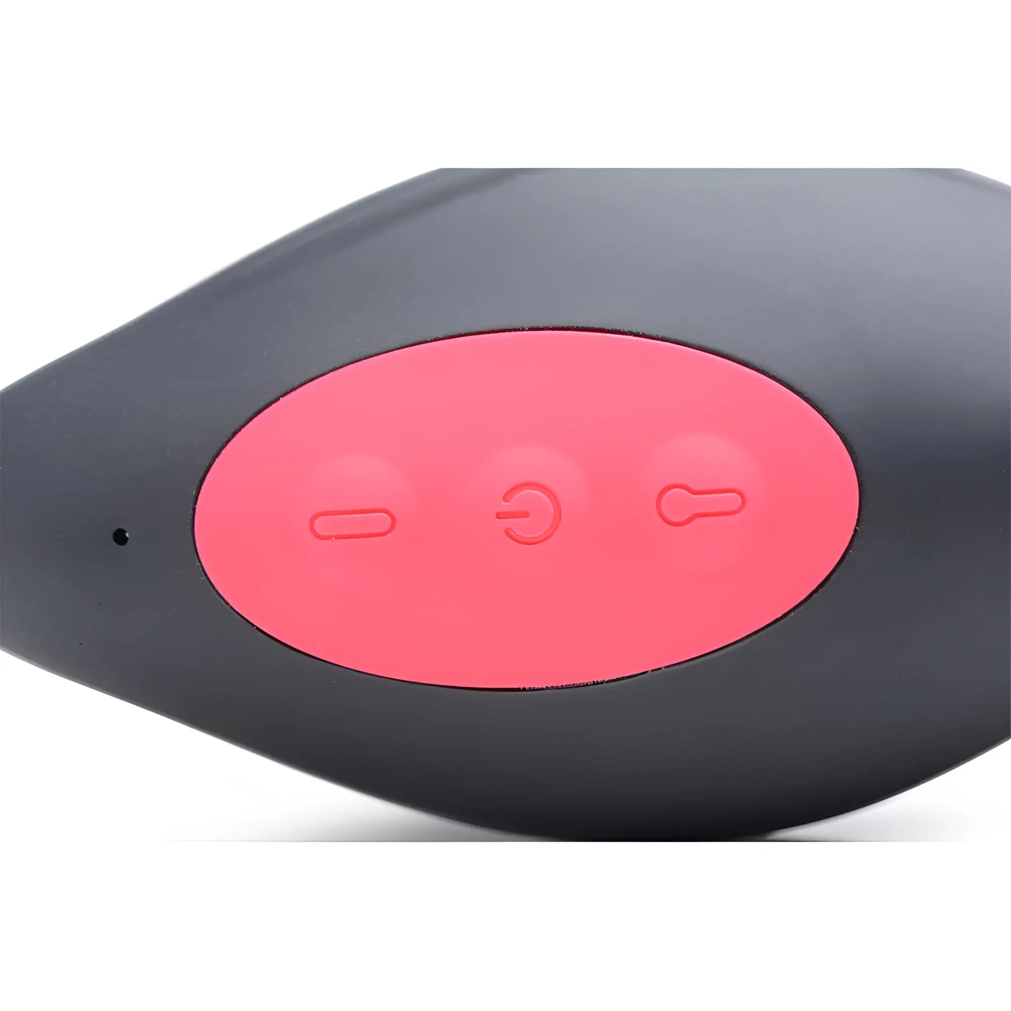 Close-up of the black Swell 10X silicone prostate plug, showing its oval, pink control panel with three buttons.