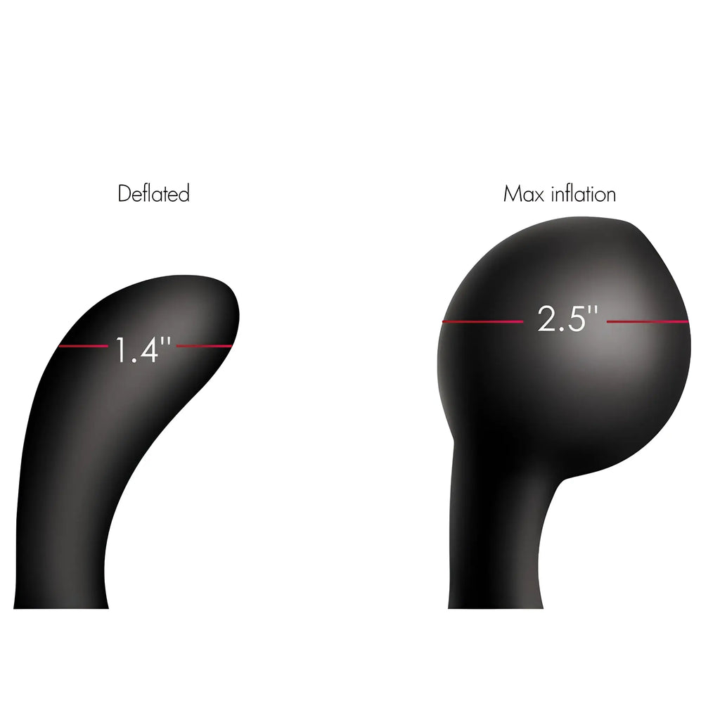 Swell 10X black silicone prostate plug shown deflated (1.4") and at max inflation (2.5").