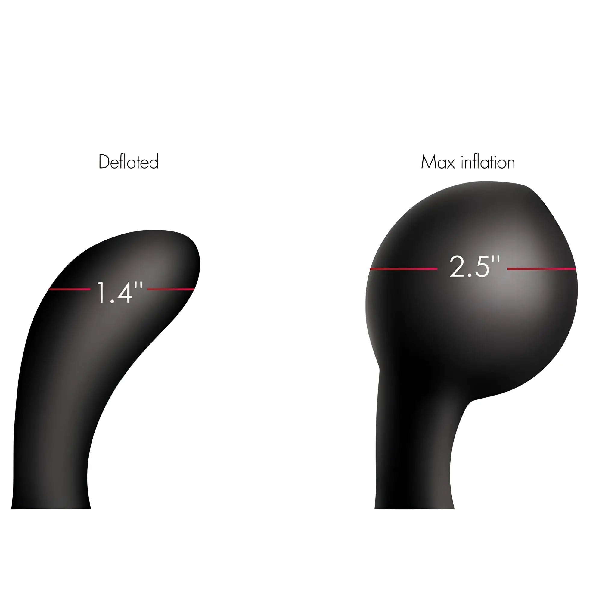 Swell 10X black silicone prostate plug shown deflated (1.4") and at max inflation (2.5").