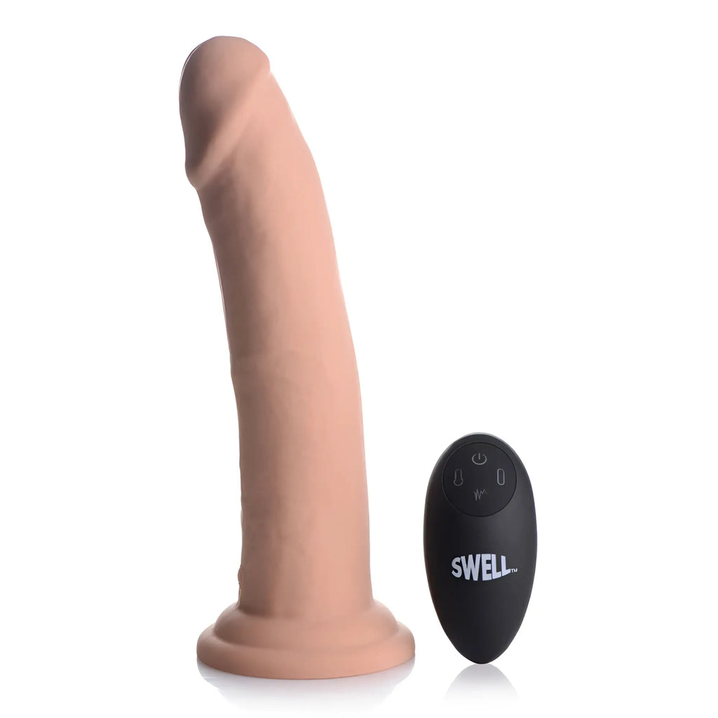 Swell 7X beige silicone inflatable dildo with realistic texture and a black remote control on a white background.