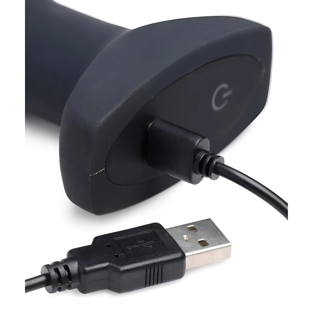 Swell silicone vibrating anal plug shown with its base connected to a black USB charging cable against a white background.
