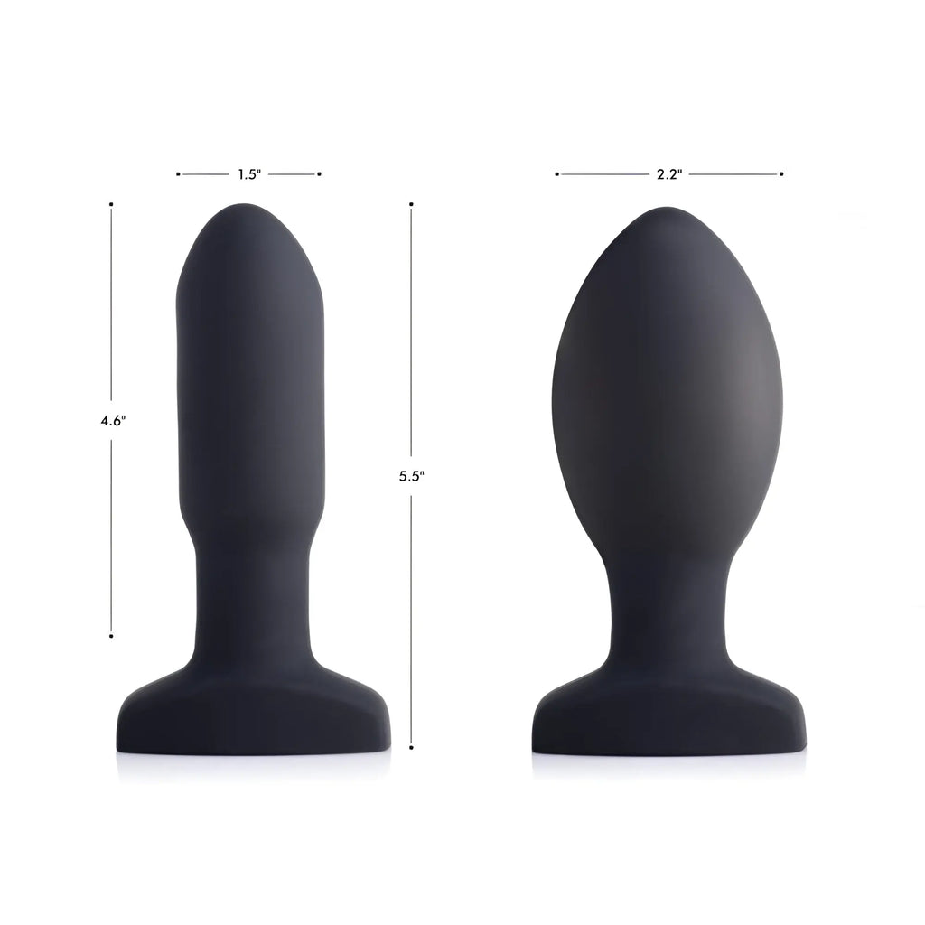 Swell vibrating silicone anal plug, shown in two states with dimension labels against a white background.