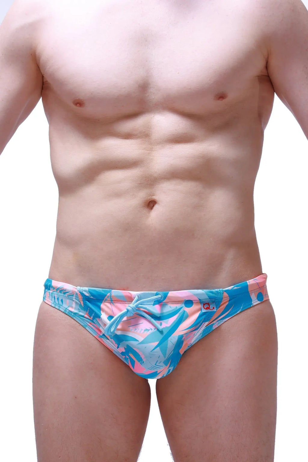 Swim bikini taik boucan vibrant blue and pink tropical leaf-patterned swim trunks with tied waistband for beachwear
