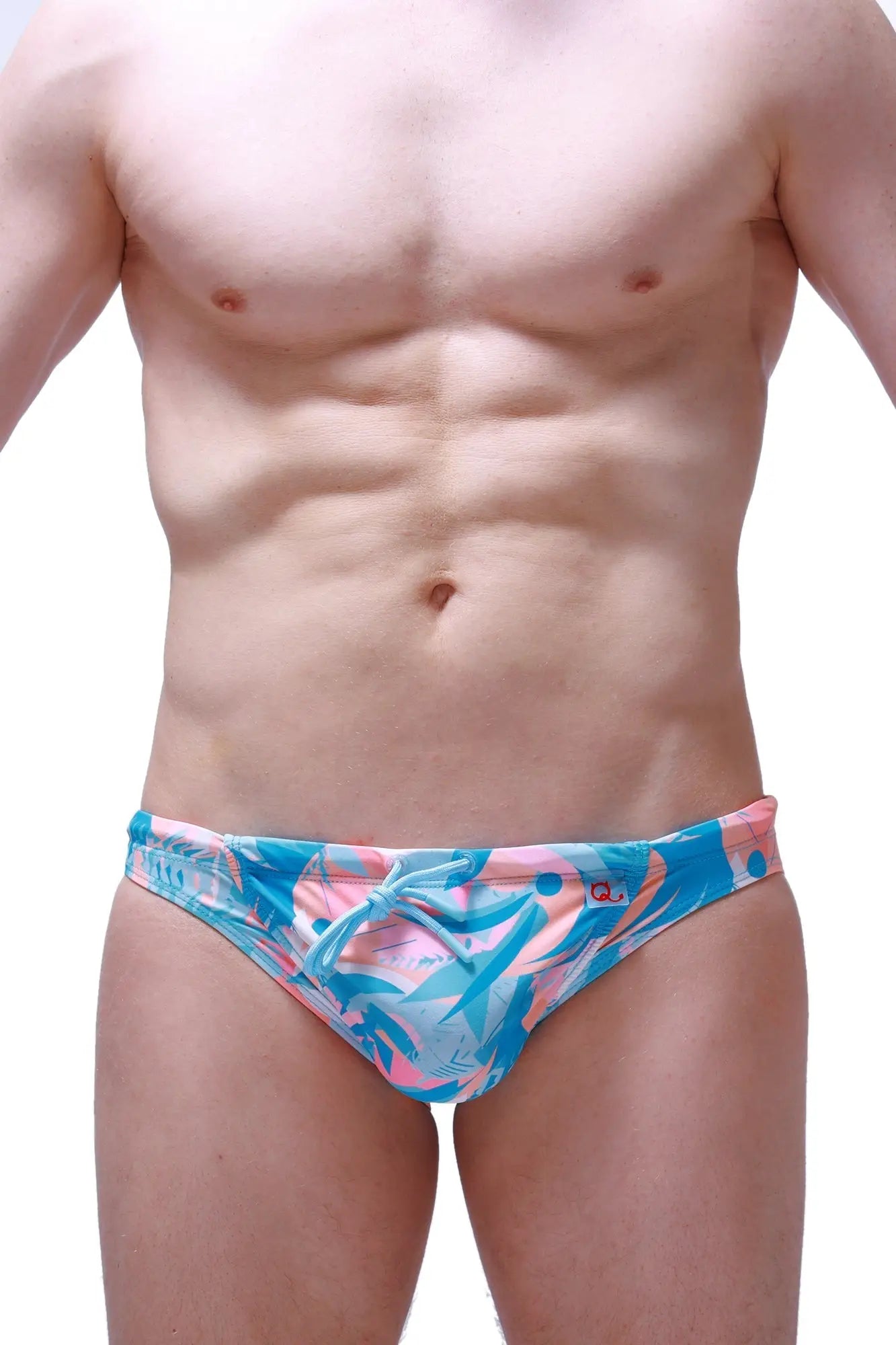 Swim bikini taik boucan vibrant blue and pink tropical leaf-patterned swim trunks with tied waistband for beachwear