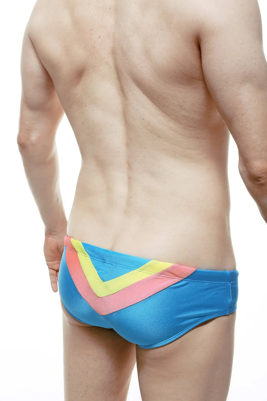 Bright blue swim brief chevron with bold yellow and pink v-shaped pattern ideal for swimming and beachwear