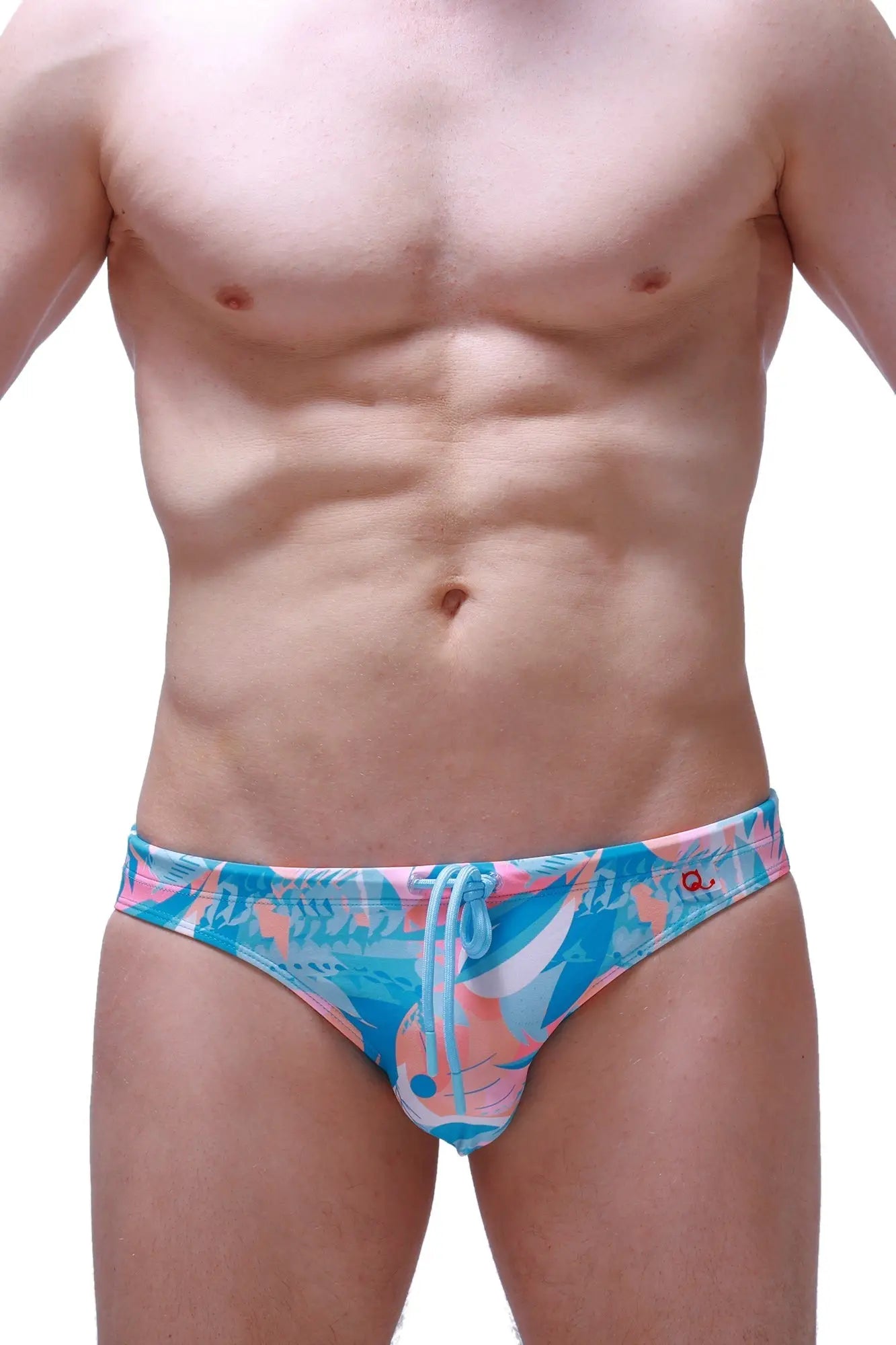 Swim brief nant boucan featuring vibrant blue and pink tropical print swim trunks with a drawstring waistband