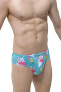 Swim brief pina colada turquoise swim trunks with pink flamingo yellow pineapple and white tropical leaf pattern