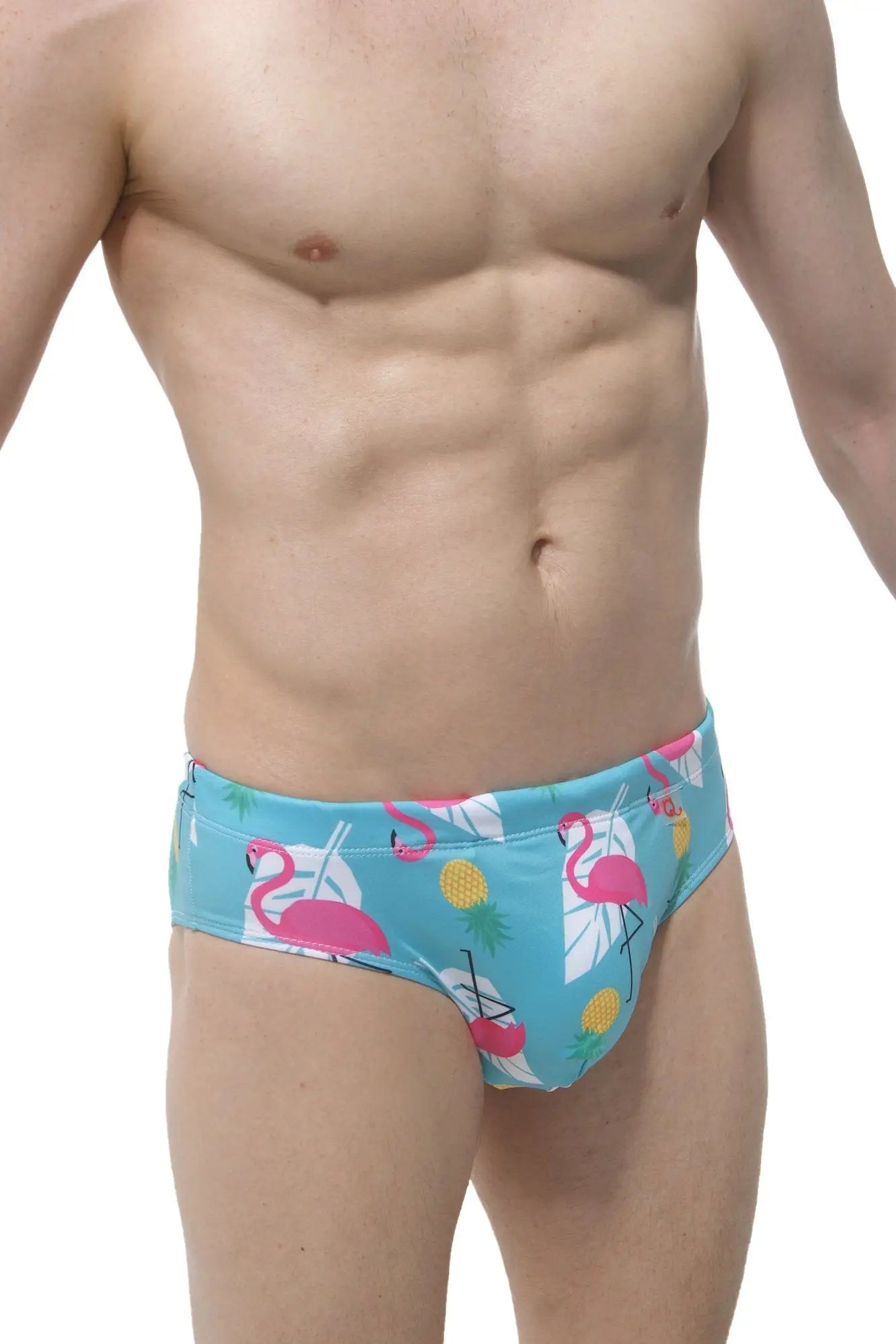 Swim brief pina colada turquoise swim trunks with pink flamingo yellow pineapple and white tropical leaf pattern